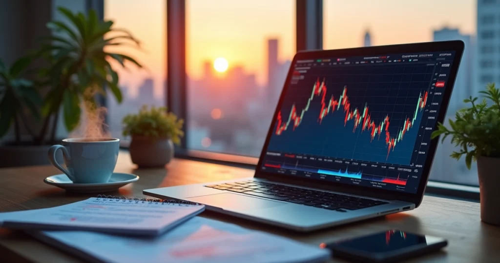 Ambiente de trabalho moderno com laptop mostrando gráficos financeiros e vista da cidade ao pôr do sol.