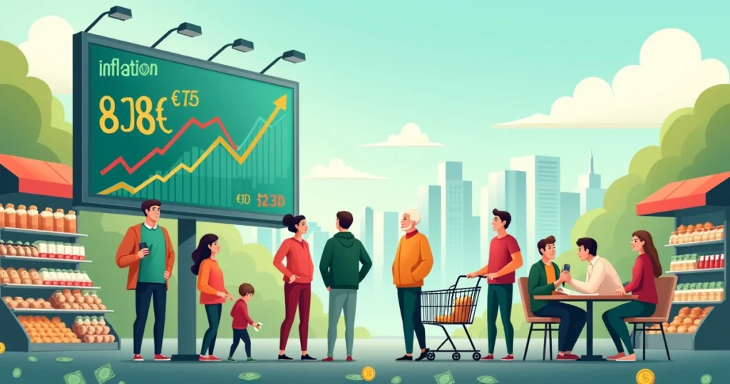 Grupo diverso de pessoas observando uma tela digital com taxas de inflação em uma rua da cidade.