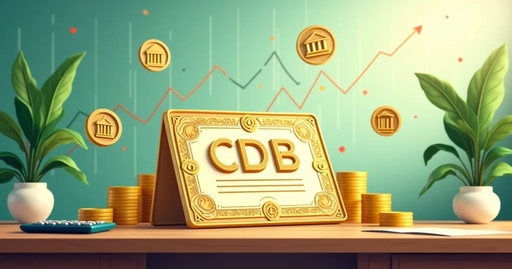 Cena ilustrativa de um Certificado de Depósito Bancário com moedas, gráficos e uma calculadora.