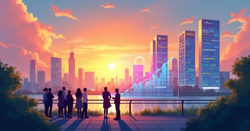 Cidade futurista em 2025 com pessoas discutindo investimentos e gráficos em ascensão.