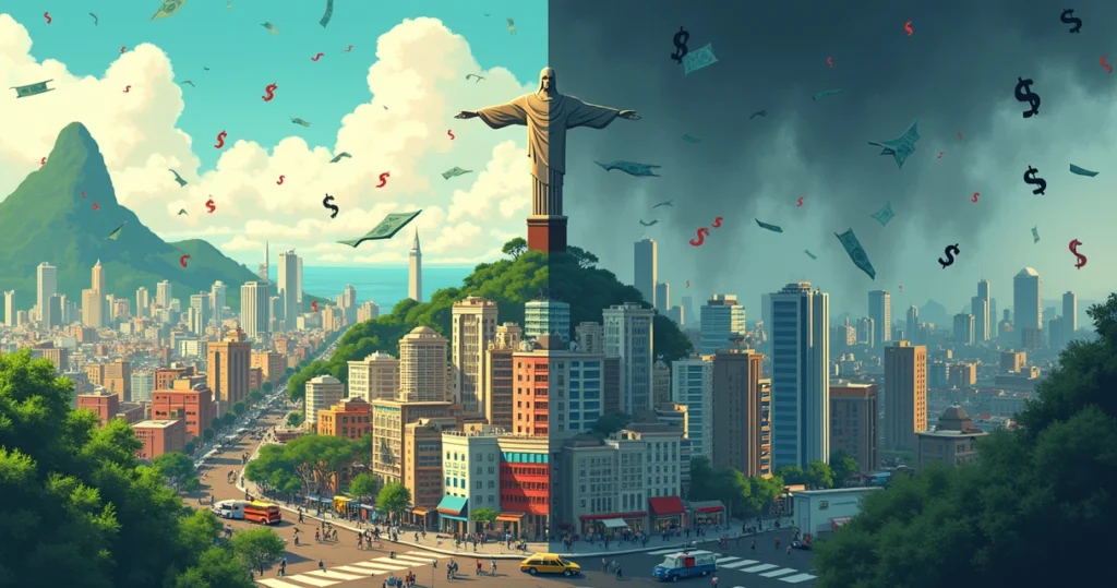 Impacto do aumento do dólar na economia brasileira com cidade e gráficos em sombras e luzes contrastantes.
