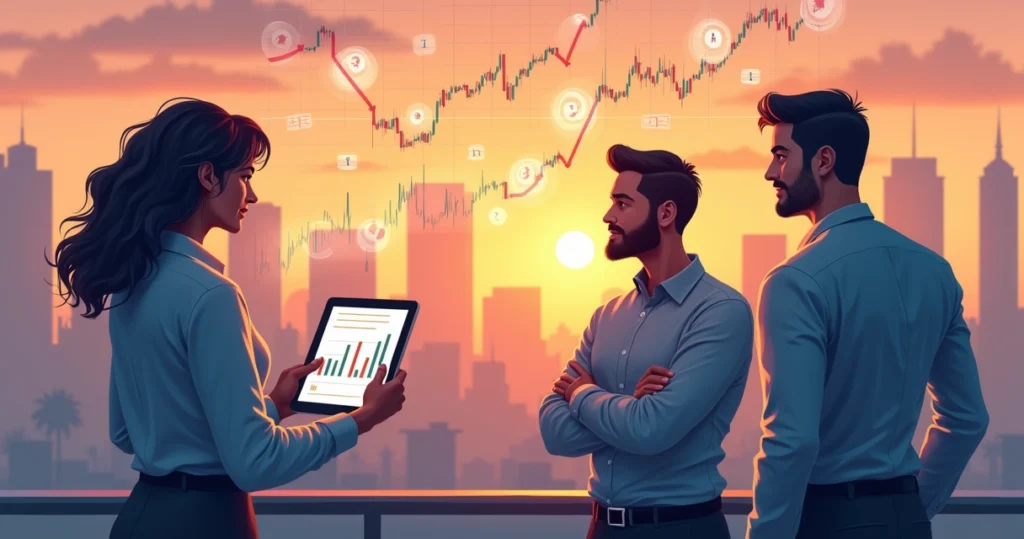 Grupo de investidores analisando gráfico financeiro com a cidade ao fundo, destacando a influência da SELIC.