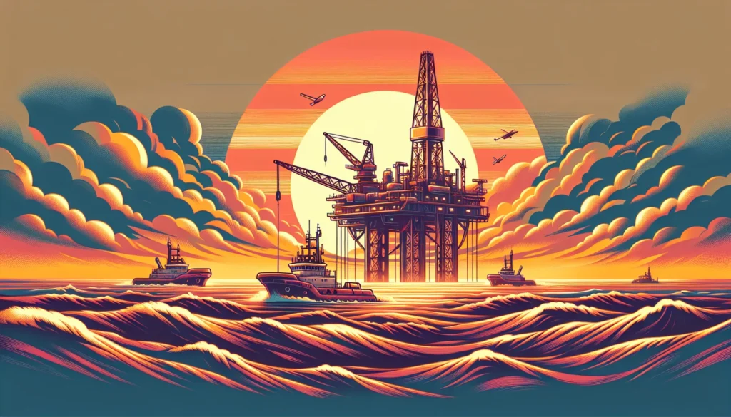 Plataforma de petróleo ao pôr do sol, refletindo a decisão da OPEP de manter a produção em março