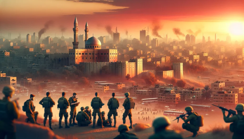 Rascunho automático de cena panorâmica no Oriente Médio com soldados israelenses, Castelo de Gaza e fumaça ao pôr do sol