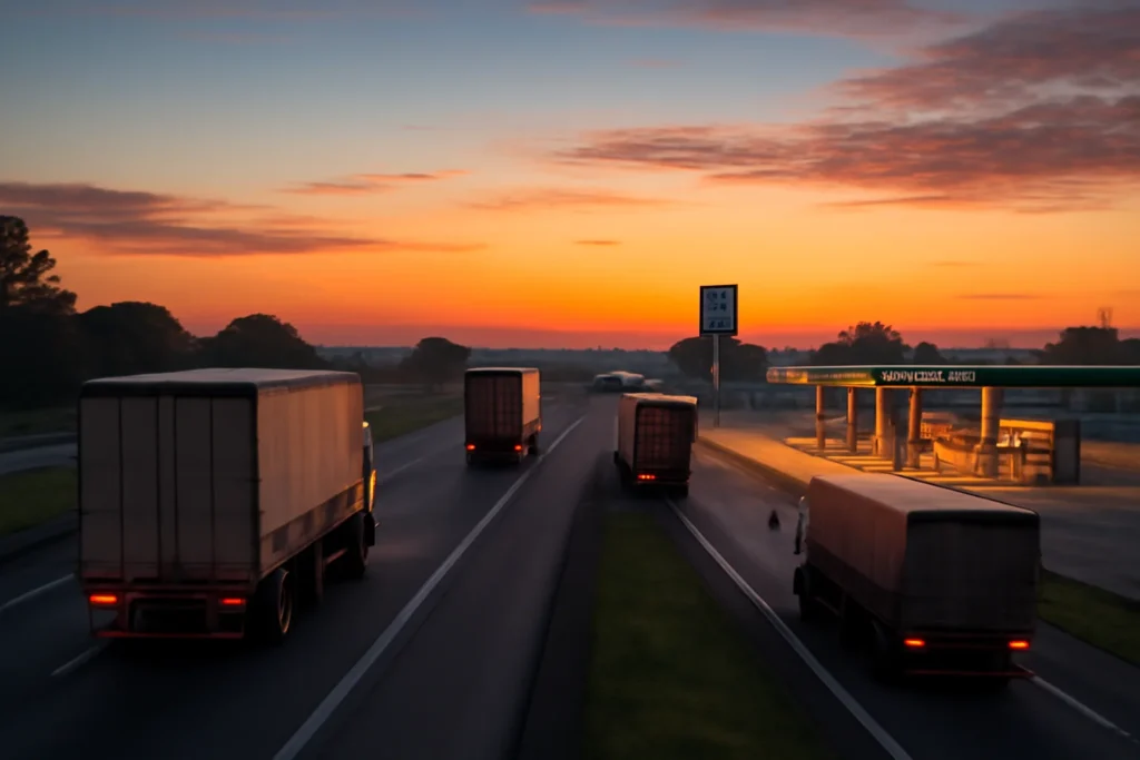 Caminhões e postos de combustíveis na estrada ao amanhecer, simbolizando logística e gastos com combustíveis no Brasil