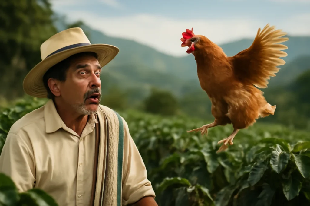 Homem fazendeiro na Colômbia observa uma galinha saltando, simbolizando o voo de galinha na eleição política do país.