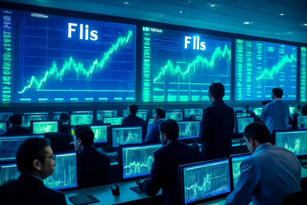 Imagem de uma sala de bolsa vibrante com investidores e telas exibindo gráficos de FIIs, representando rascunho automático de análise financeira.