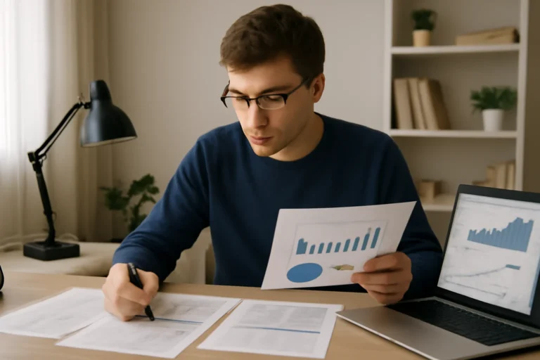 Pessoa jovem em escritório analisando documentos financeiros com rascunho automático ao fundo