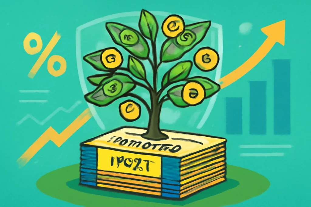 Imagem de rascunho automático de uma árvore de dinheiro com notas e moedas, simbolizando proteção e crescimento financeiro com Tesouro IPCA+