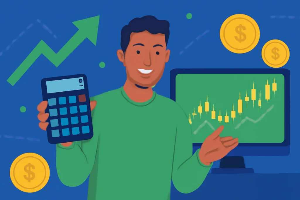 Imagem de rascunho automático de uma pessoa sorridente com calculadora e gráfico de ações em tela de computador, cores vibrantes