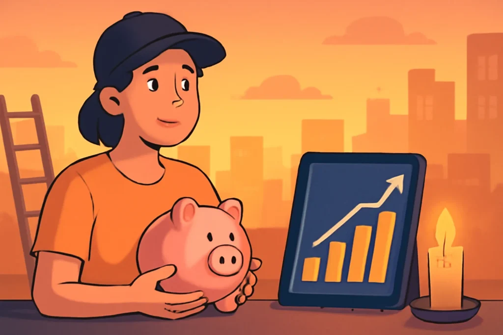 Cena de rascunho automático mostrando iniciante com cofrinho, carteira digital, cidade ao entardecer, segurança e esperança.