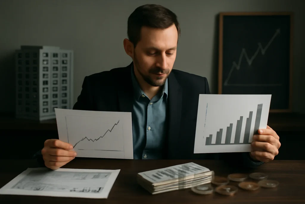 Cena de investidor segurando gráficos de crescimento, fundos imobiliários e ações ao fundo, com elementos de planilhas e dinheiro, rascunho automático de renda passiva.