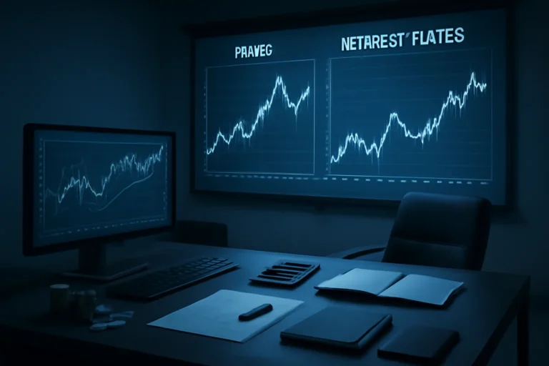 Sala moderna com gráficos de oscilações, objetos financeiros e tecnologia, ilustrando rascunho automático na estratégia financeira