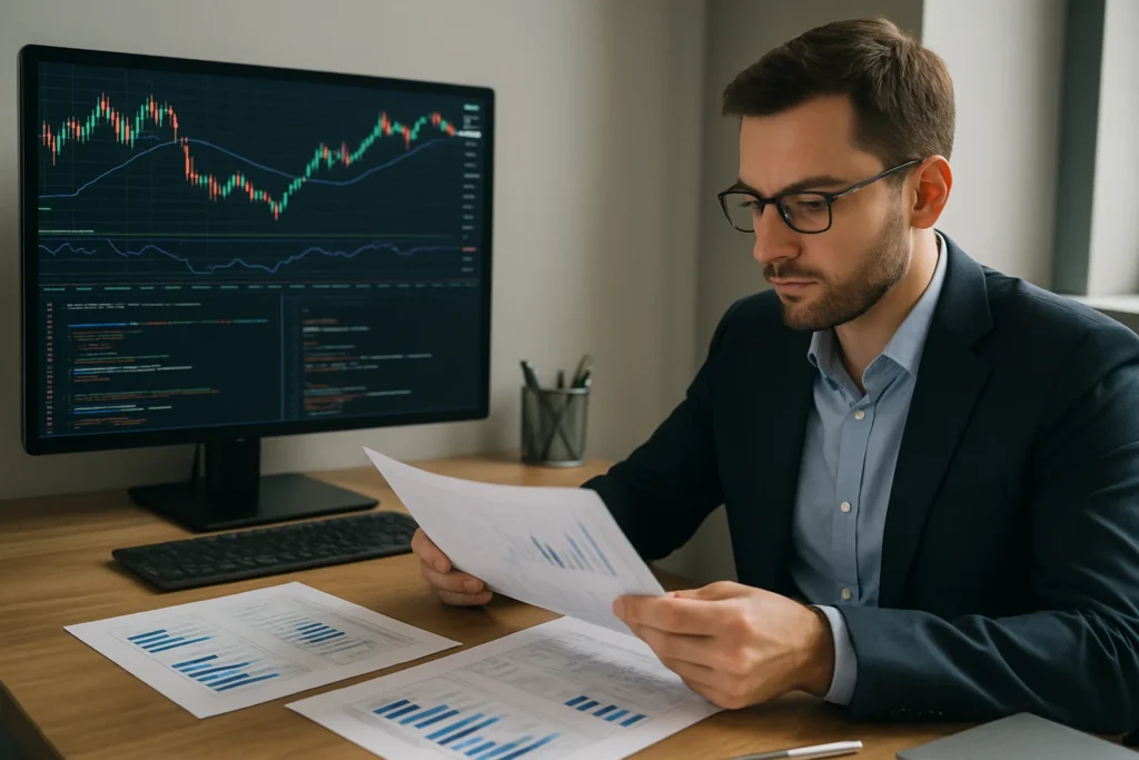 Investidor analisando documentos e gráficos financeiros com rascunho automático de fundo