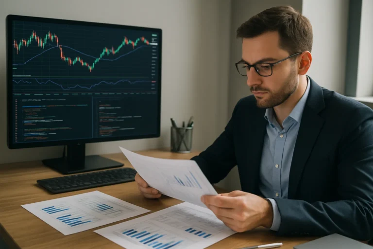 Investidor analisando documentos e gráficos financeiros com rascunho automático de fundo