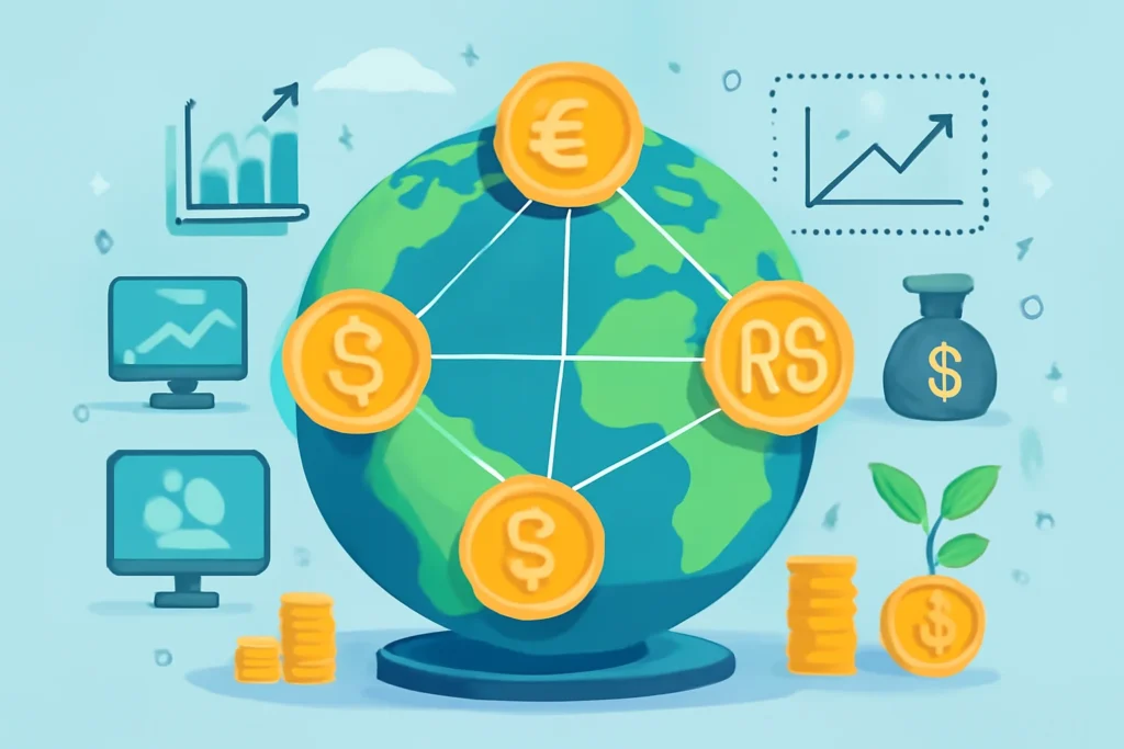 Imagem ilustrada sobre como investir exterior com BDRs, com globo, moedas e símbolos de investimentos em tons de azul, verde e dourado