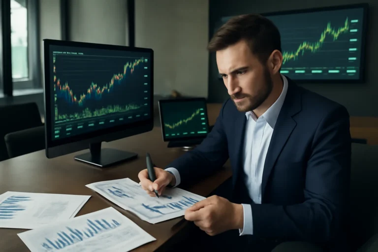 Pessoa analisando gráficos financeiros em um escritório moderno, representando rascunho automático