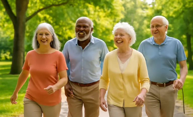 Grupo de idosos caminhando em parque urbano com saúde e vitalidade, simbolizando Brasil 2044 geração 50+