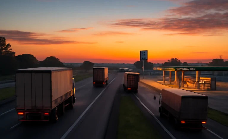Caminhões e postos de combustíveis na estrada ao amanhecer, simbolizando logística e gastos com combustíveis no Brasil