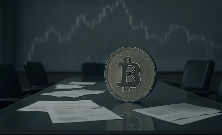 Imagem de uma sala de reuniões vazia com gráficos financeiros desfocados e uma moeda gigante de Bitcoin na mesa, simbolizando o fim de uma era para empresas que viram Bitcoin como caixa.