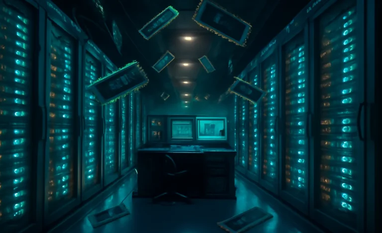Renderização de centro de dados futurista com chips memória queda livre em servidores brilhantes