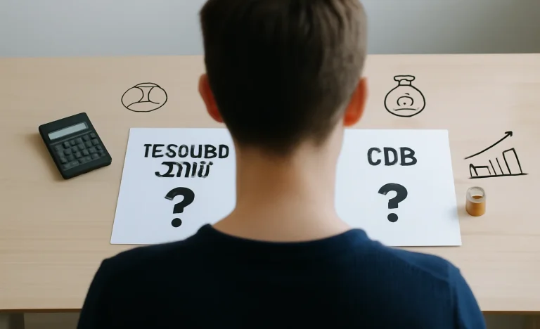 Pessoa de costas observando mesa com papéis de CDB de Liquidez Diária e Tesouro Selic, fundo neutro com detalhes financeiros