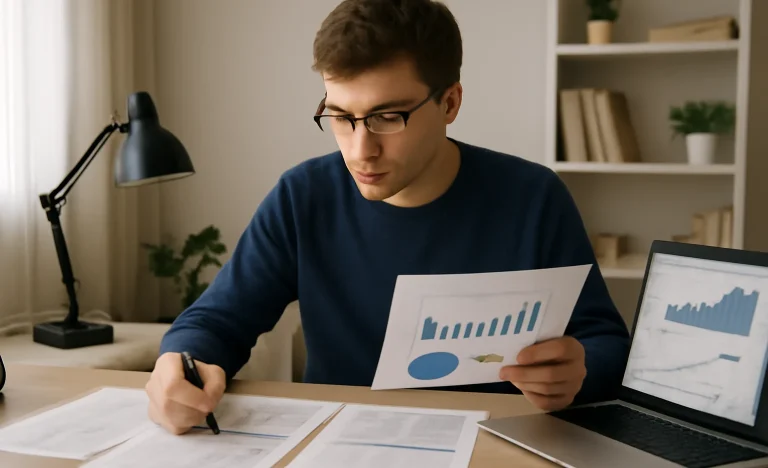 Pessoa jovem em escritório analisando documentos financeiros com rascunho automático ao fundo