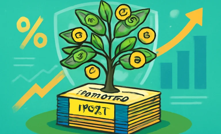 Imagem de rascunho automático de uma árvore de dinheiro com notas e moedas, simbolizando proteção e crescimento financeiro com Tesouro IPCA+