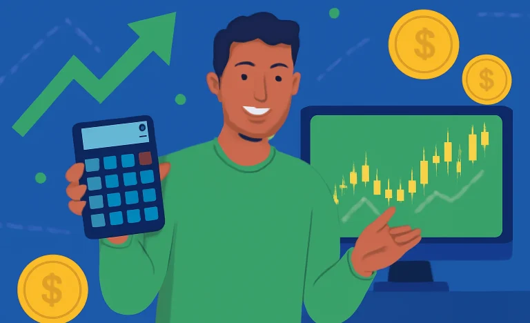Imagem de rascunho automático de uma pessoa sorridente com calculadora e gráfico de ações em tela de computador, cores vibrantes