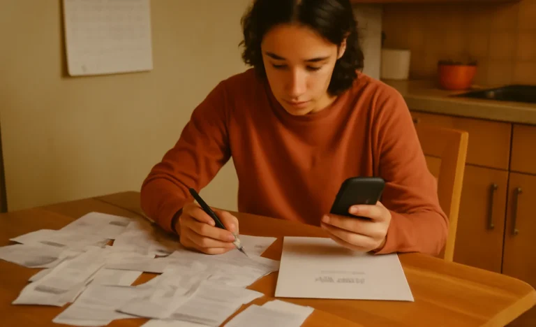 Cena de rascunho automático de uma pessoa organizando seu orçamento na cozinha com notas, contas, smartphone e calendário
