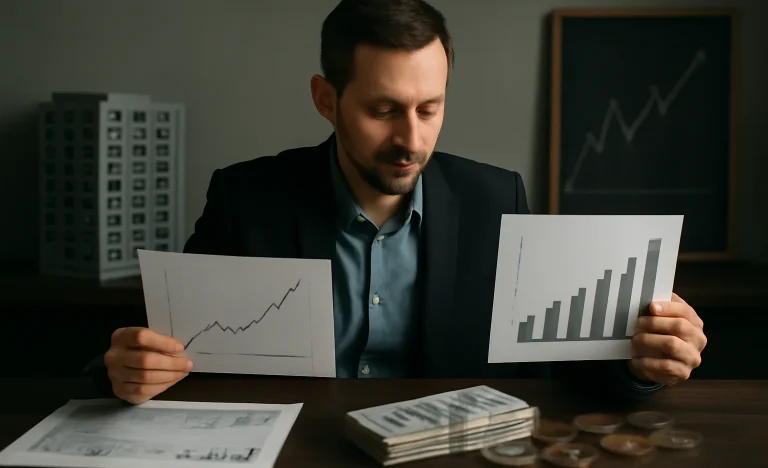 Cena de investidor segurando gráficos de crescimento, fundos imobiliários e ações ao fundo, com elementos de planilhas e dinheiro, rascunho automático de renda passiva.