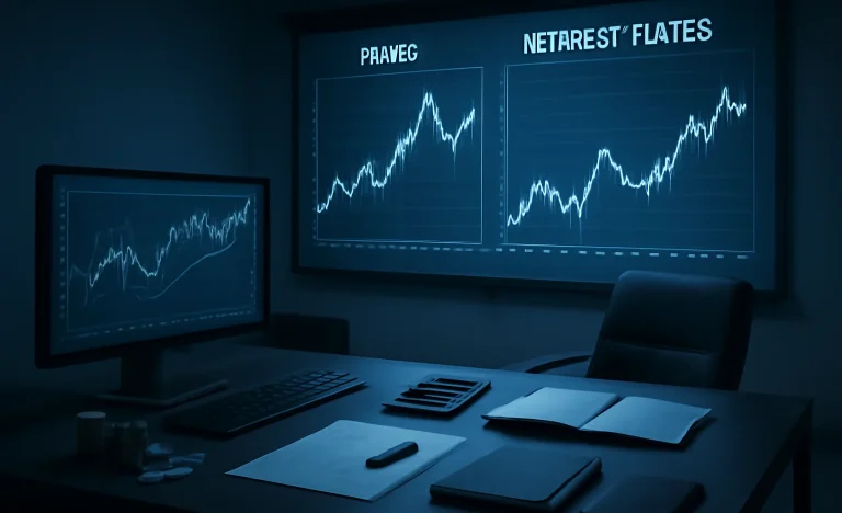 Sala moderna com gráficos de oscilações, objetos financeiros e tecnologia, ilustrando rascunho automático na estratégia financeira