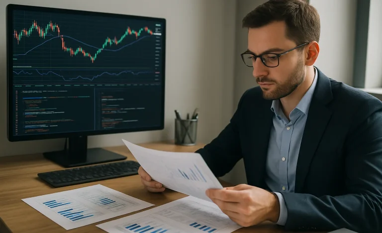 Investidor analisando documentos e gráficos financeiros com rascunho automático de fundo