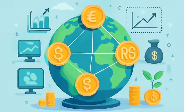 Imagem ilustrada sobre como investir exterior com BDRs, com globo, moedas e símbolos de investimentos em tons de azul, verde e dourado