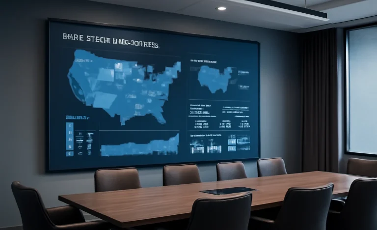 Visual de uma sala de reuniões com monitor exibindo mapas imobiliários dos EUA, mobiliário sofisticado e iluminação realista, destacando rascunho automático.