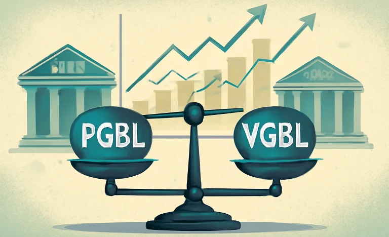 Ilustração estilizada com balança entre PGBL e VGBL, gráficos ascendentes ao fundo, simbolizando escolha inteligente em previdência privada com rascunho automático