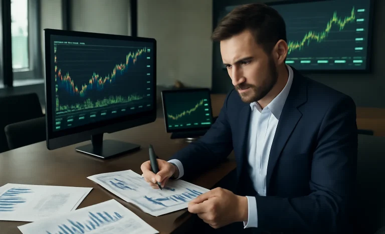 Pessoa analisando gráficos financeiros em um escritório moderno, representando rascunho automático