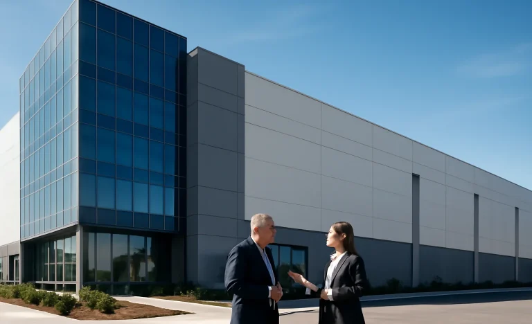 Imagem de rascunho automático de uma grande propriedade imobiliária moderna com pessoas conversando na frente, céu claro ao fundo.